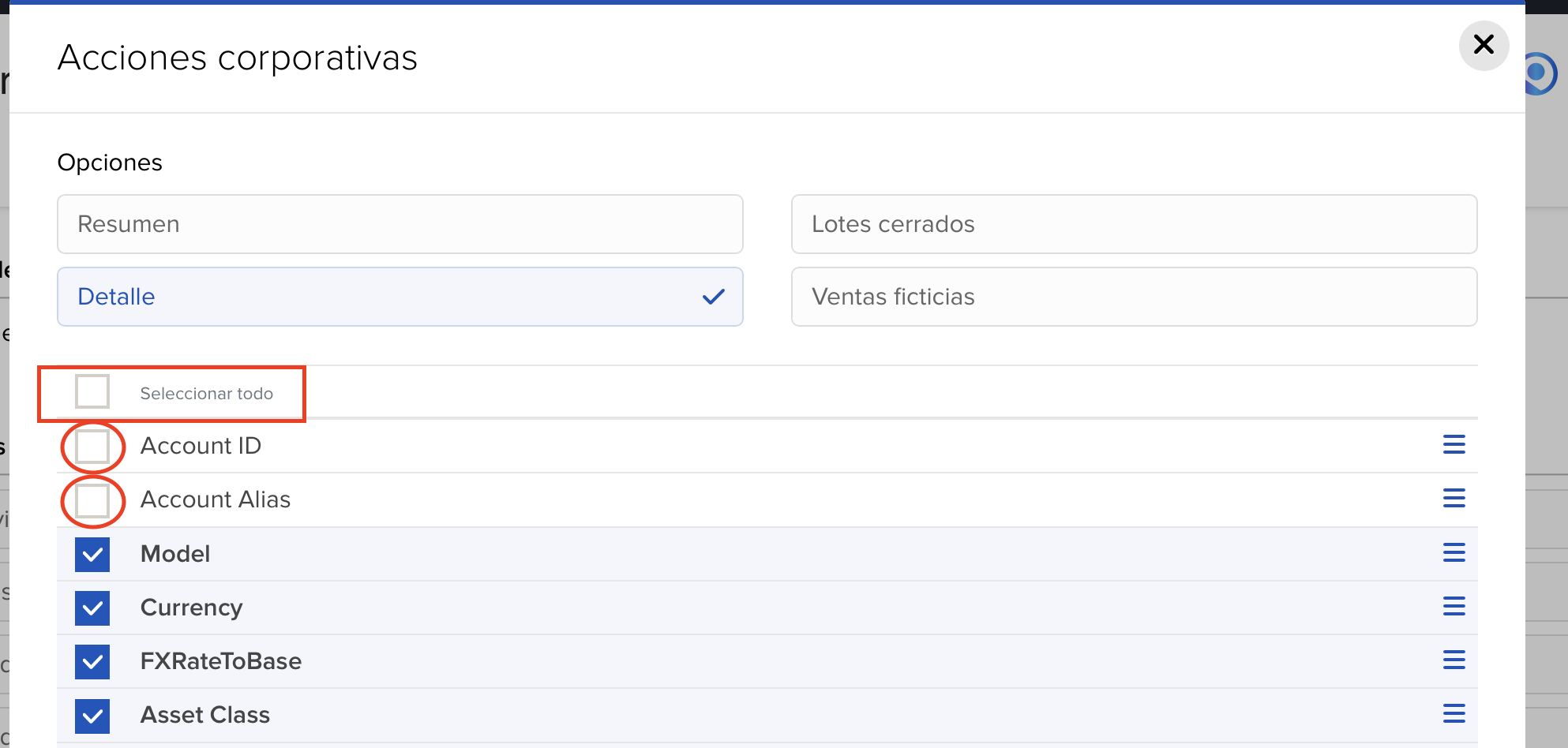 Sección acciones corporativas en Flex Queries