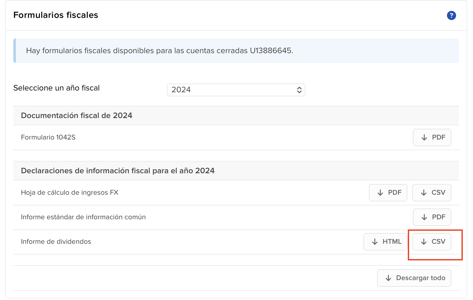 Sección Tax Documents en IBKR mostrando el Informe de dividendos