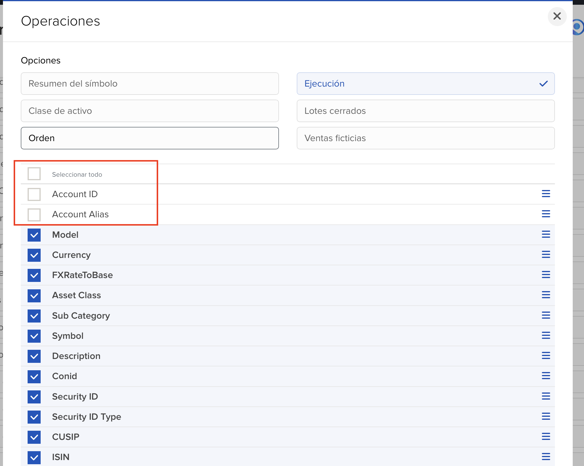 Sección operaciones en Flex Queries