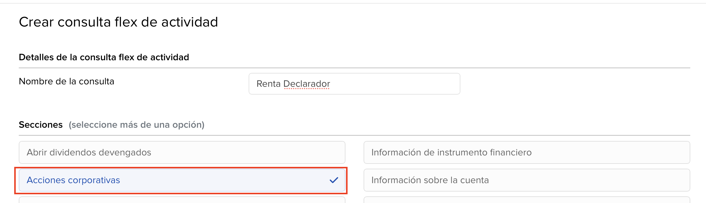 Seleccionar sección acciones corporativas en Flex Queries