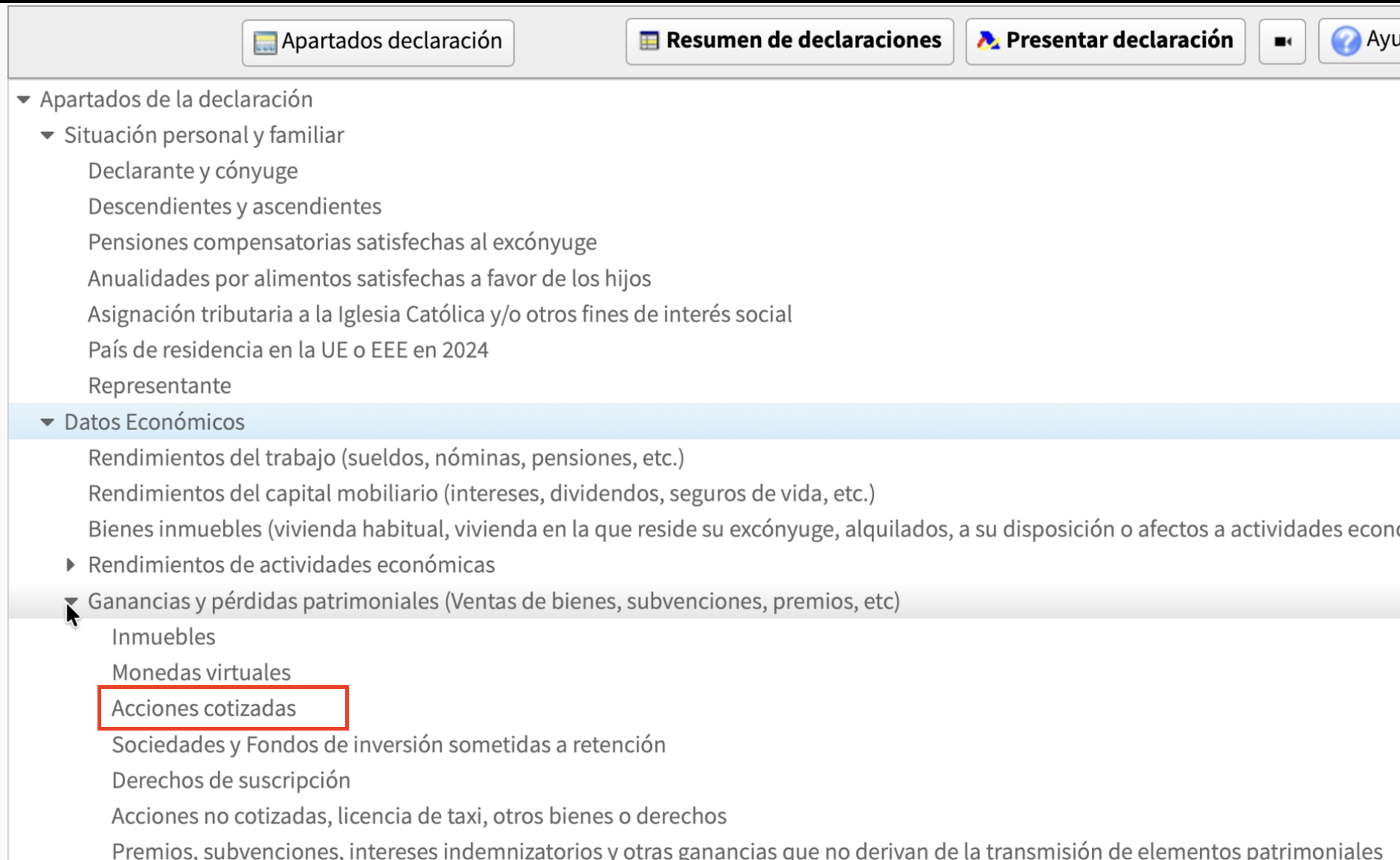 Captura: Sección Acciones cotizadas del informe Declarador