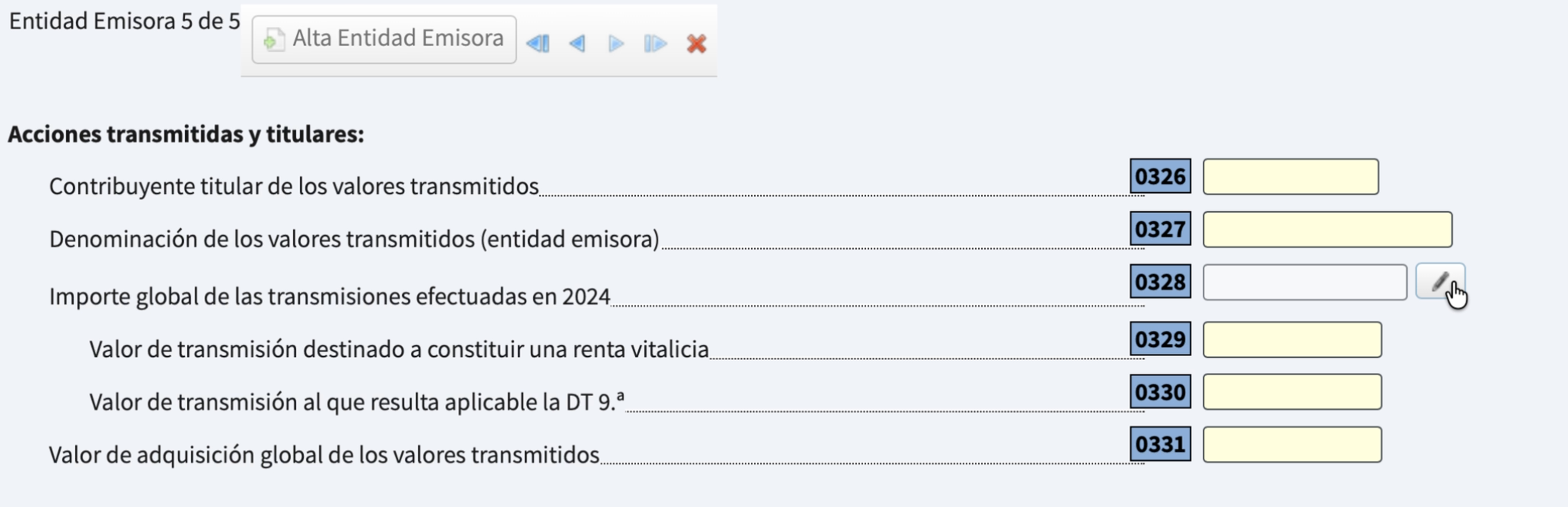 Captura: Dar de alta acciones